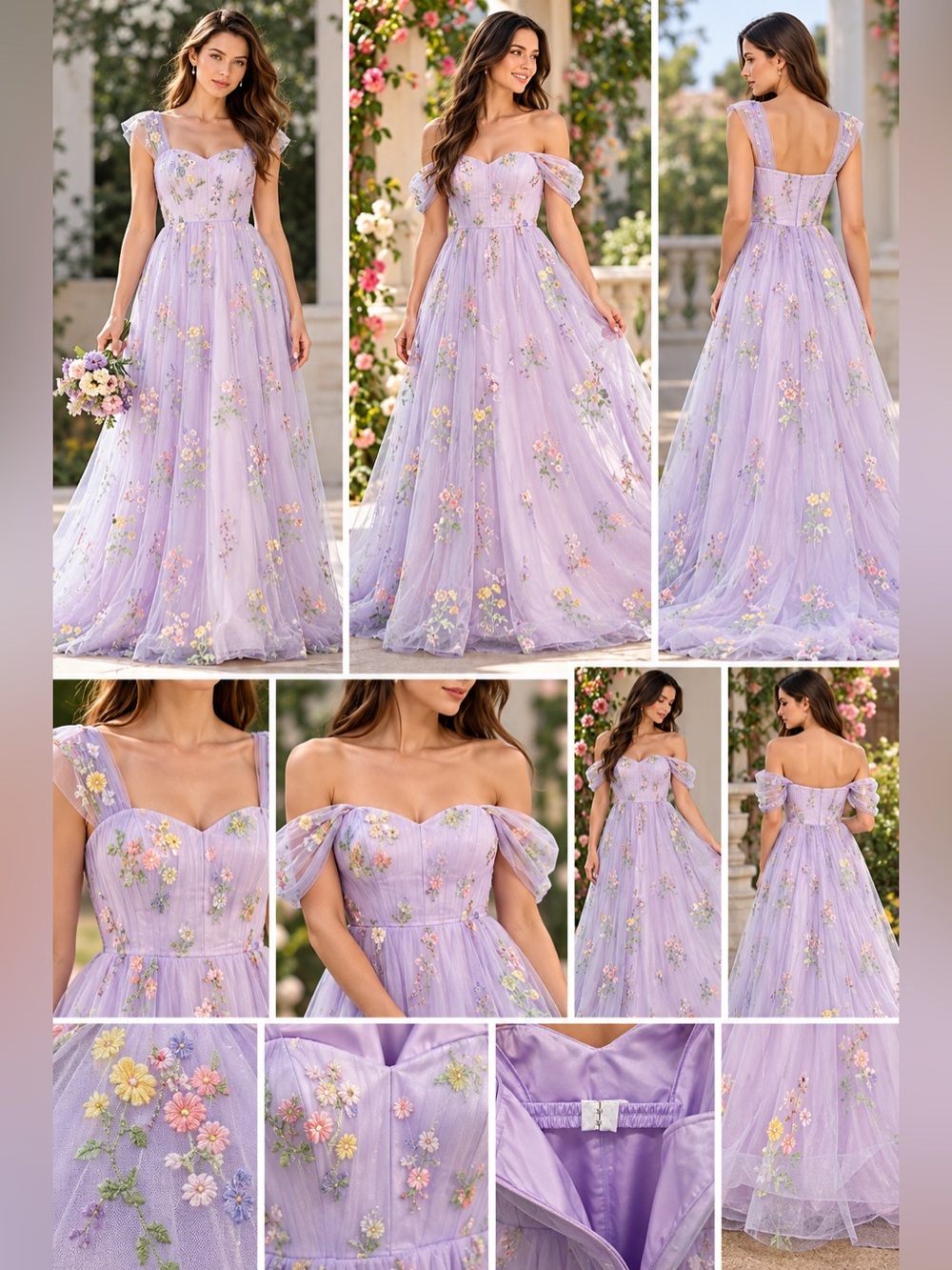 NWOT Lilac Floral Embroidered Tulle Maxi Gown Size 14 On Off Shoulder
